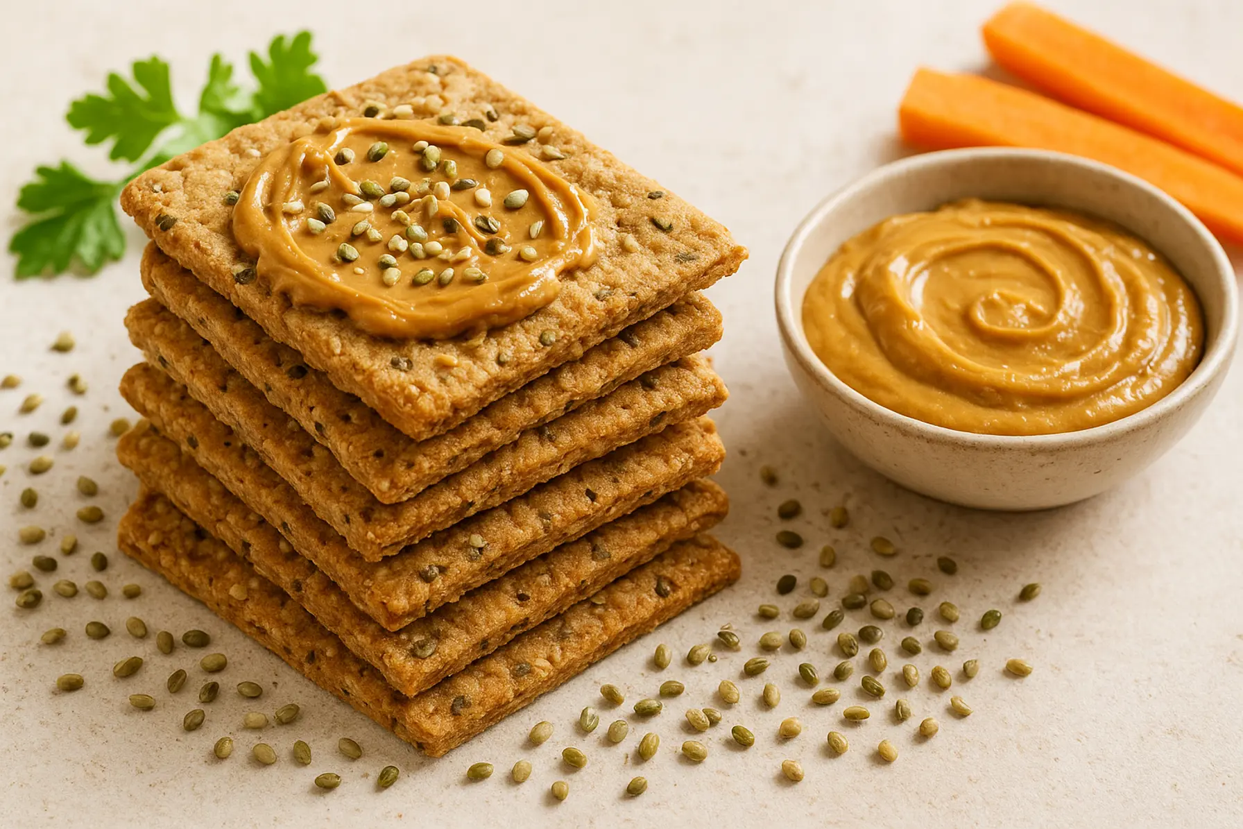 Sprøde fuldkornskiks med peanutbutter og hampefrø