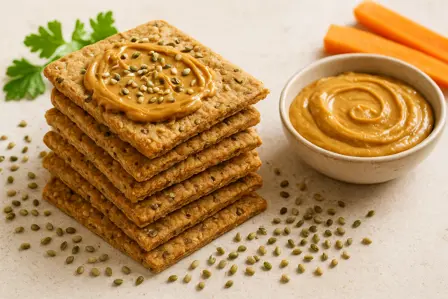 Sprøde fuldkornskiks med peanutbutter og hampefrø