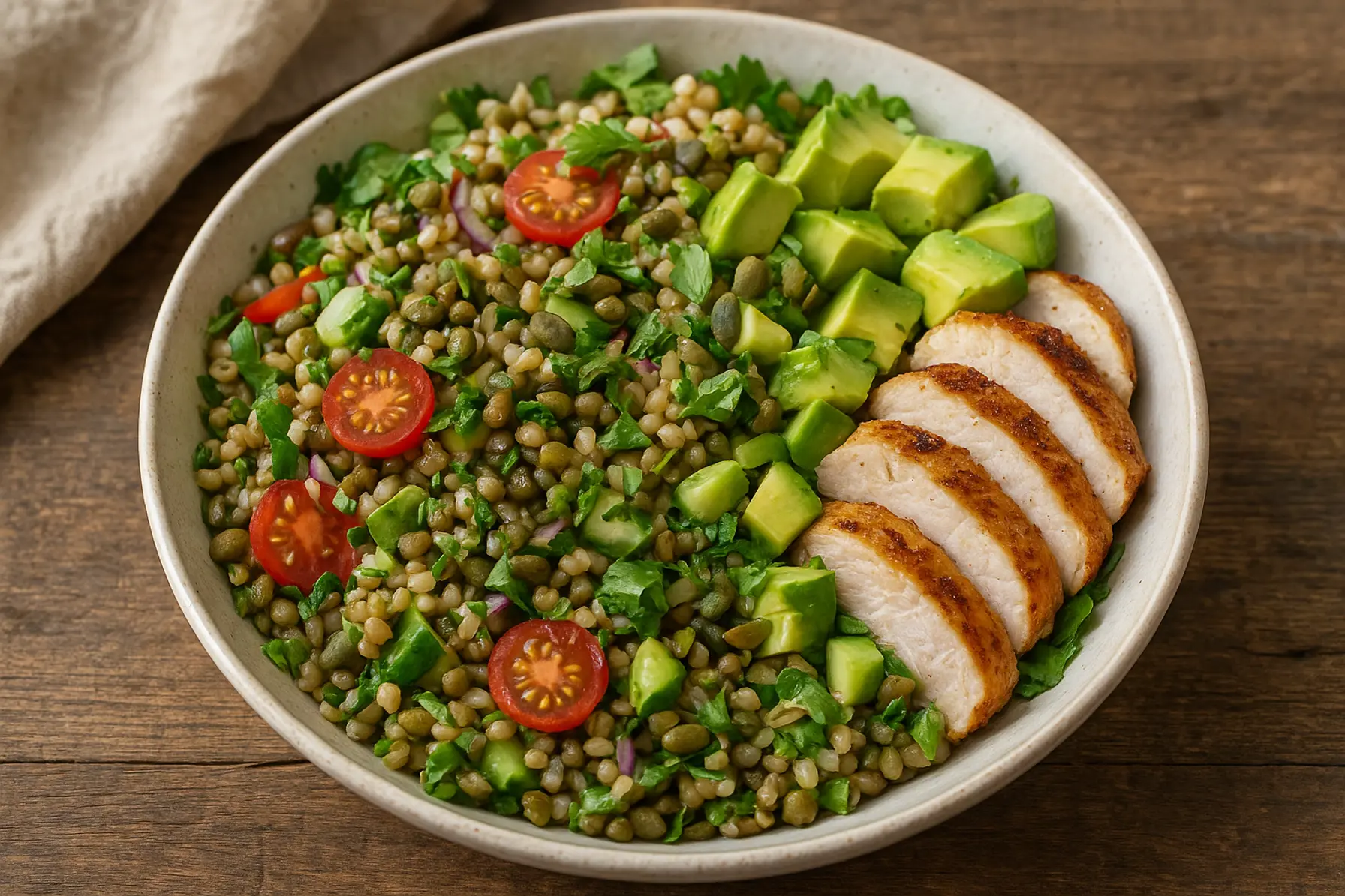 Sprød linse- og perlebygsalat med avocado og kylling