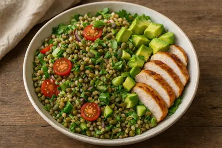 Sprød linse- og perlebygsalat med avocado og kylling