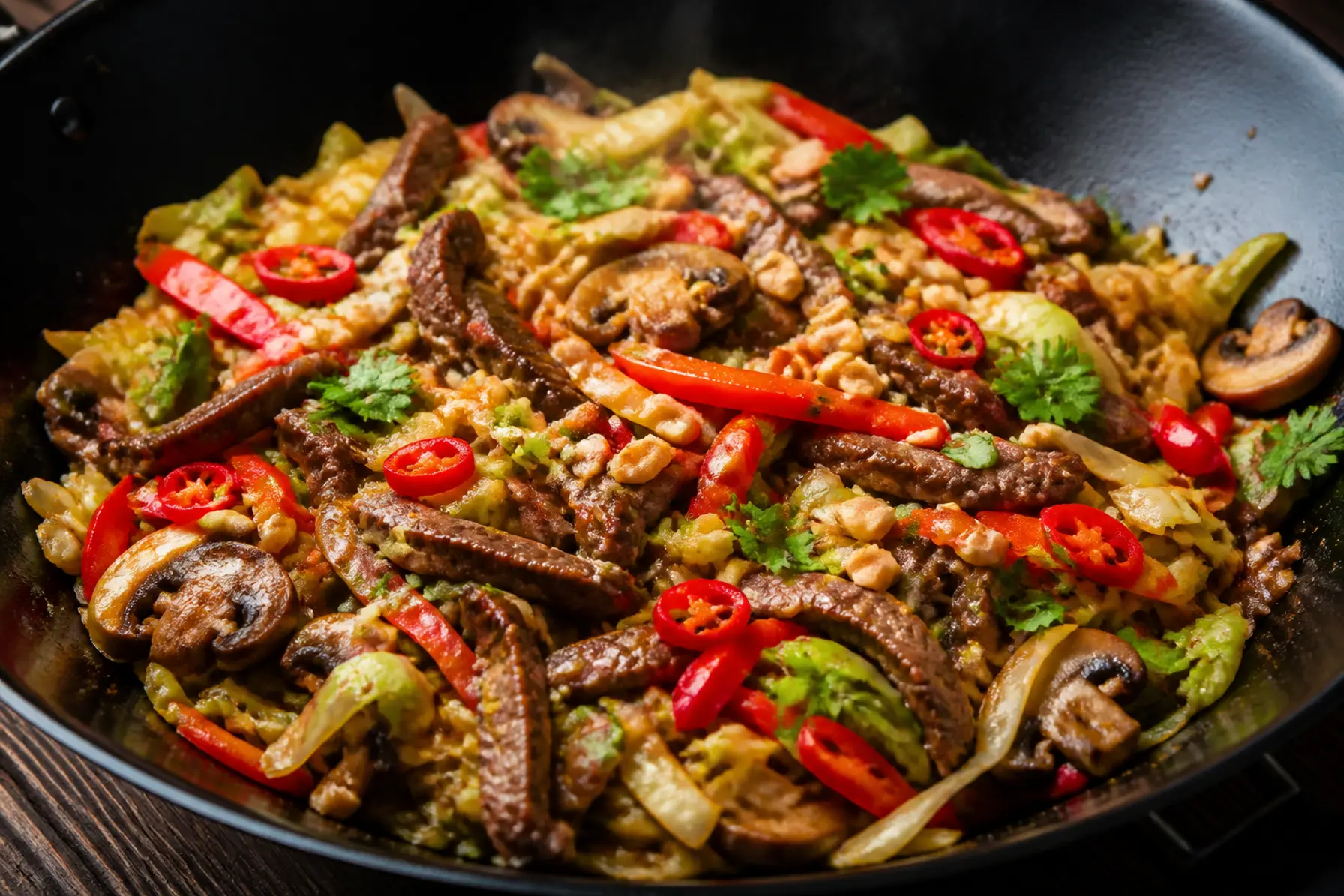 Sprød wok med oksekød, spidskål og jordnødder