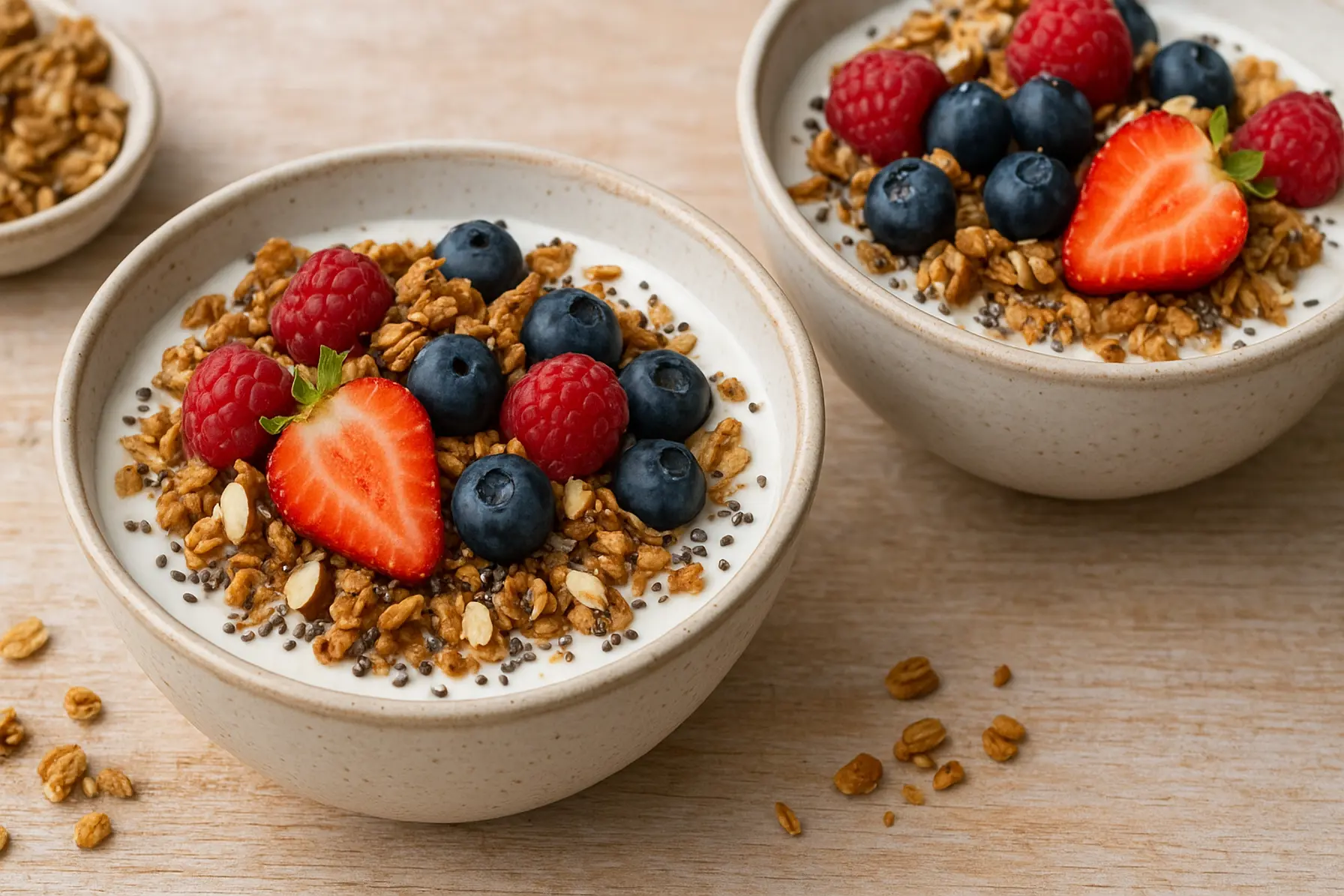 Sukkerfri skyr med fuldkornsgranola, bær og chiafrø