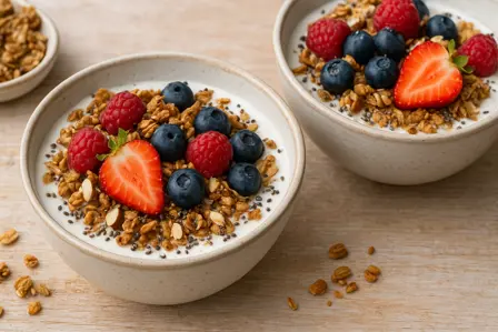 Sukkerfri skyr med fuldkornsgranola, bær og chiafrø