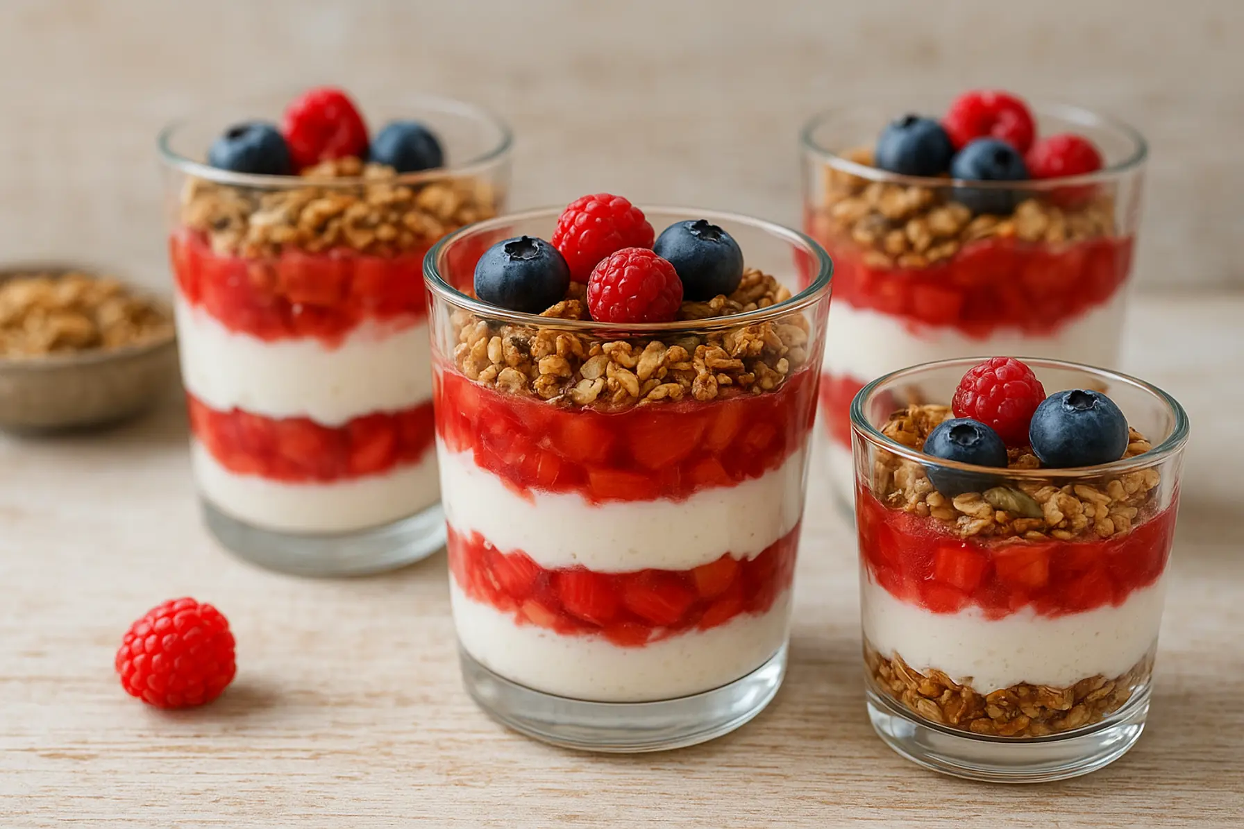 Syrlig skyrparfait med fuldkornsgranola og rabarber