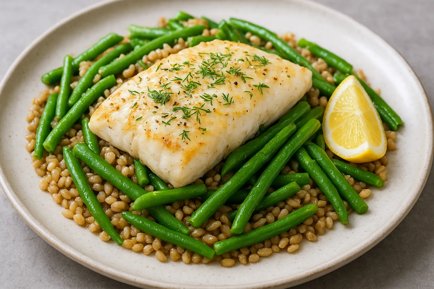 Torsk med fuldkornsbyg og grønne bønner