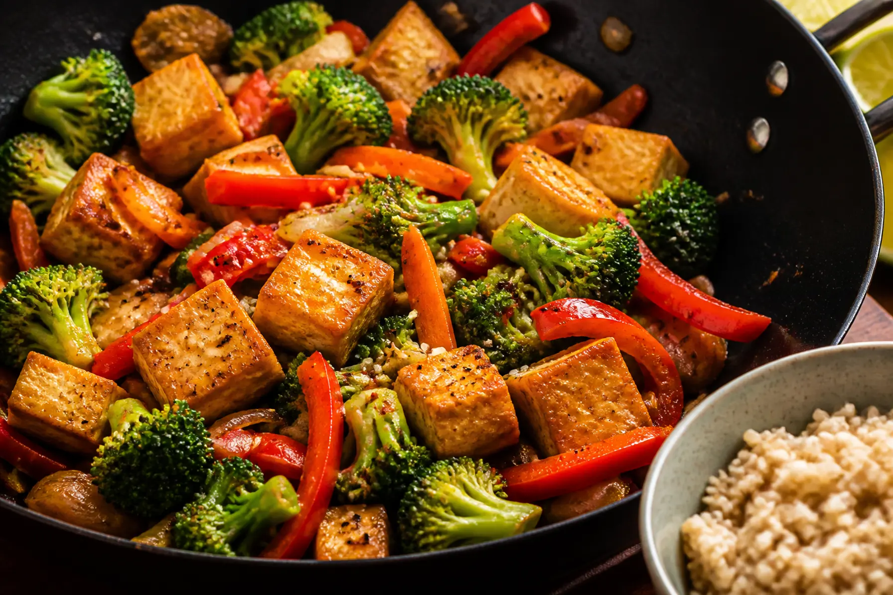 Wok med tofu, broccoli og fuldkornsris